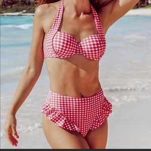Cupshe Red Gingham Ruffle High Waisted Retro Bikini